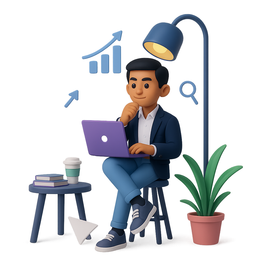 3D illustration of a developer working at a laptop with analytics icons